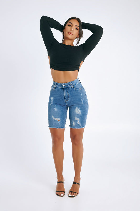 Mixed Wash Ripped Denim Shorts