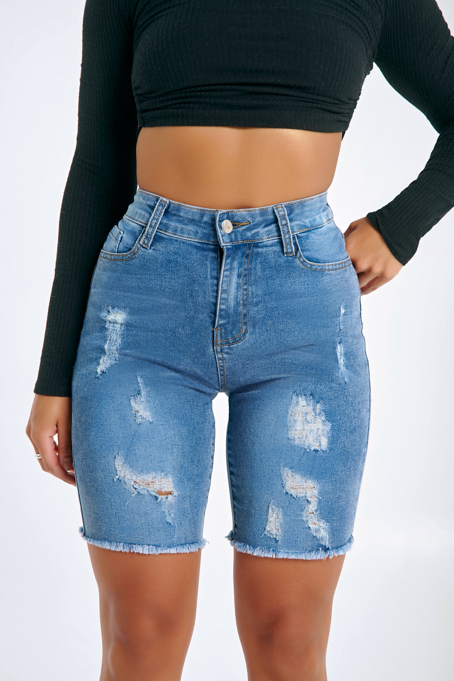 Mixed Wash Ripped Denim Shorts